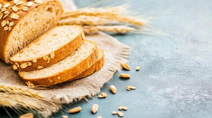 Whole grain bread slices are arranged neatly on a burlap cloth, surrounded by wheat stalks and scattered oats, showcasing fresh ingredients