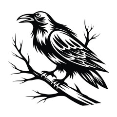 Black Crow On Tree Branch Isolated In White Background Symbolic Style