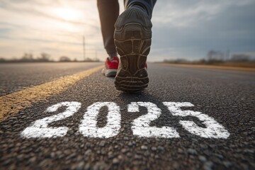 New year 2025 concept, beginning of success. Text 2025 written on asphalt road and male runner preparing for the new year. Concept of challenge or career path and change.