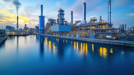 Illuminated hydrogen and ammonia industrial plant at dusk in a bustling chemical zone