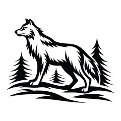 Silhouette of Wolf Standing, Pine Trees, Monochrome Black and White Forest Animal