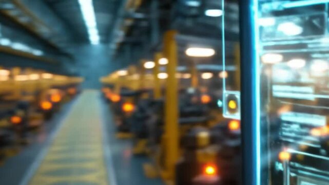 "Back view of a person operating a futuristic holographic control interface inside a high-tech industrial factory, showcasing AI-powered automation and digital systems integration in a cyber-industria