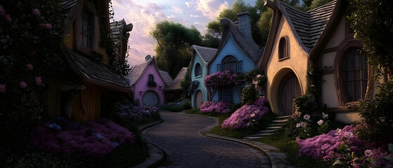 Charming, colorful village street at dawn