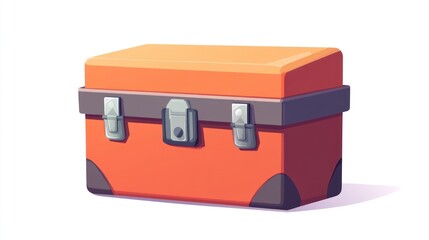 Orange metal chest with latches.  Detailed illustration of a sturdy, orange storage box with dark gray latches and a slightly sloped lid.  It appears to be a sturdy, possibly vintage, container