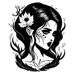 Nature's Enchantress Black and White Illustration