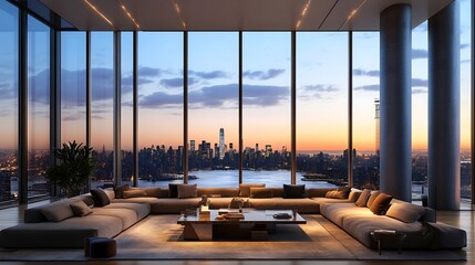 Luxurious penthouse living space with city views.
