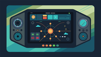 Fototapeta premium A touchscreen control panel in the air taxi that allows the pilot to select from multiple navigation routes based on traffic weather and other factors.. Vector illustration