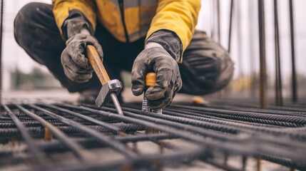 A construction worker tightening bolts with a wrench on a steel frame. Featuring focus and skill
