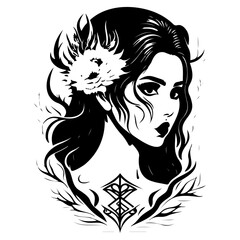 Monochrome Mystical Woman, Detailed Illustration