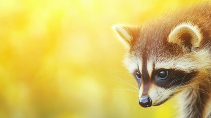 A raccoon is curiously peering forward amidst a golden background filled with autumn colors and soft natural light