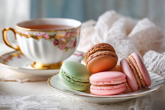 Delicate macarons served on a decorative plate with a cup of tea in an elegant setting