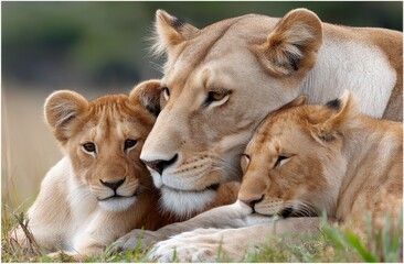 Fototapeta premium A lioness and her cubs in the savanna of South Africa