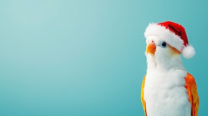 A small bird with bright plumage proudly sports a red Santa hat, embodying the festive spirit of the holiday season
