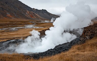 Icelandic Geothermal Landscape with White Steam Vents