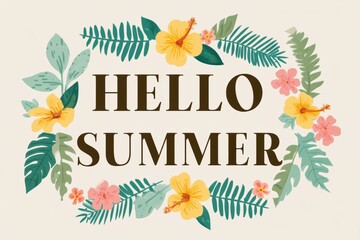 Obraz premium A vibrant flower wreath featuring the cheerful greeting Hello Summer, Hello Summer background.