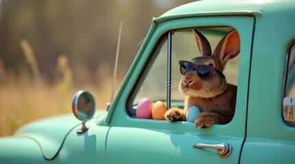 Easter bunny wearing a sunglass in a car