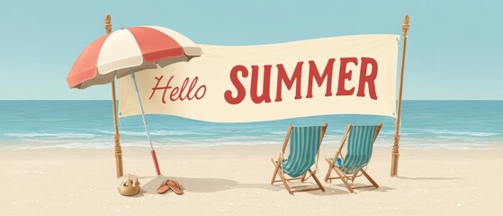 A beach scene featuring two chairs and a colorful umbrella for relaxation, Hello Summer background.