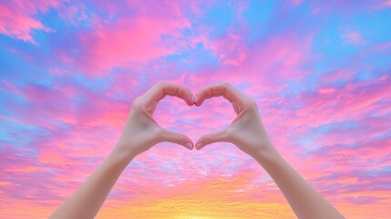 Making Hands in Heart Shape Against a Sunset. The golden and pink hues adding warmth to the gesture, symbolizing love and connection.