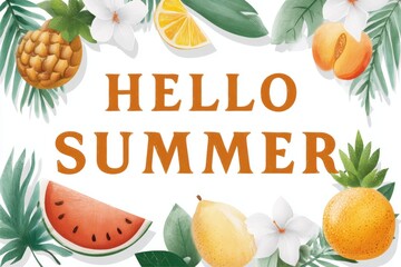 Colorful hello summer card featuring fresh fruits like watermelon and pineapple, Hello Summer background.
