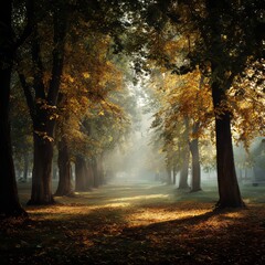 Autumn. Fall scene. Beautiful Autumnal park. Beauty nature scene. Autumn Trees and Leaves, foggy forest in Sunlight Rays 