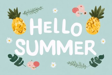 Colorful summer card featuring pineapples, flowers, and leaves to celebrate the season, Hello Summer background.