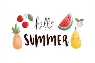 Hello summer card featuring colorful fruits and berries for a vibrant seasonal greeting, Hello Summer background.