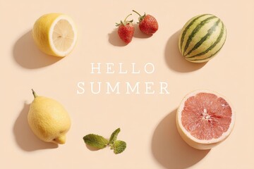 A colorful assortment of fruits and vegetables displayed in a circular arrangement, Hello Summer background.