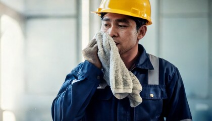 タオルで汗を拭くヘルメットと作業服の男性