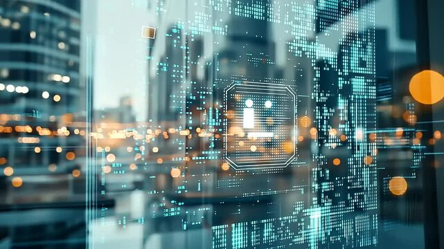 Futuristic cityscape with digital interface overlay and glowing data points, showcasing technology - Powered by Adobe