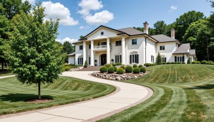 Obraz premium An elegant mansion perched on a hill with a sweeping driveway leading up to the grand entrance.