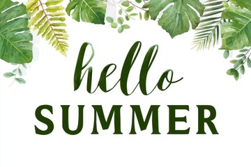 Vibrant hello summer sign adorned with lush green leaves, Hello Summer background.