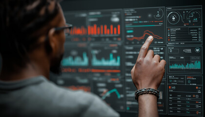 Black Man Analyzing Data on Futuristic Tech Screen