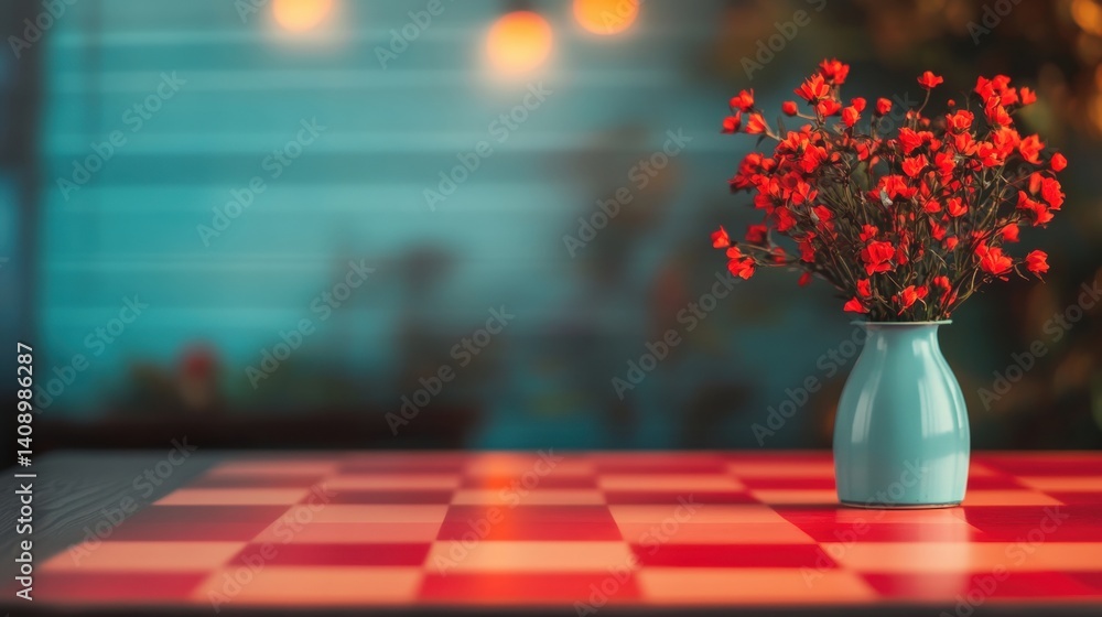 Poster a blue vase filled with bright red flowers sits on a checkerboard table, creating a warm atmosphere 