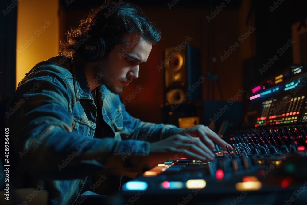 Poster hacker focuses intently on multiple screens in a dimly lit, high-tech workspace, cinematic shot of a