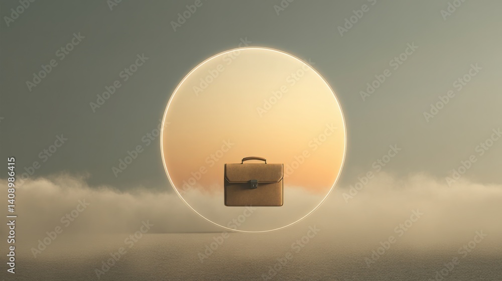 Poster mysterious suitcase surrounded by fog in ethereal setting representing calmness and ambition in a dr