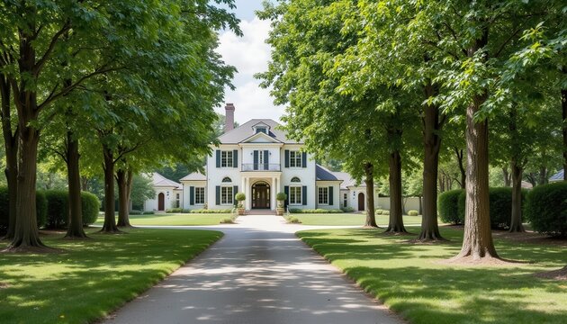 A sprawling estate featuring an elegant mansion, with a sweeping driveway lined with trees on either side, creating a tunnel of shade.