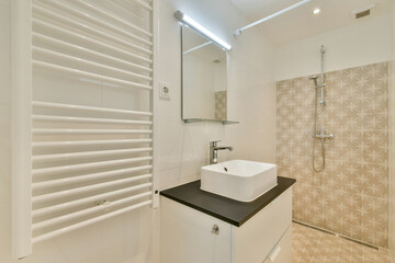 A sleek and contemporary bathroom featuring a stylish basin, modern shower, and a well-lit environment designed for comfort and efficiency.