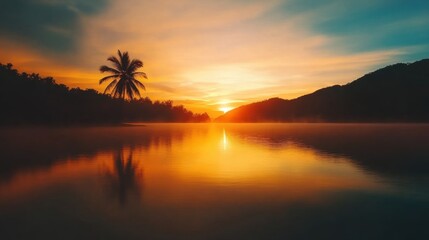 Sunset casts vibrant colors across the sky and reflects on tranquil water, creating a serene atmosphere with silhouettes of palm trees and hills