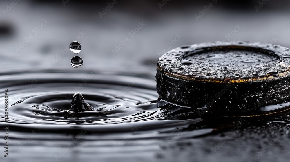 Poster crystal clear water drop capturing light and creating ripples, symbolizing simplicity and the essenc