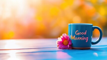 A bright blue mug displaying a good morning message rests on a wooden surface next to a vibrant flower during a sunny morning