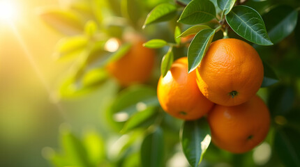 Sunlit Fresh Oranges on Tree Branch – Vibrant Citrus Fruit in Natural Garden Setting – Concept of Organic Farming, Fresh Produce, Healthy Eating, and Sustainability.