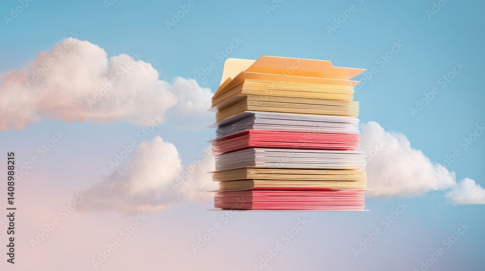 Poster impressive stack of books soaring in the air under a soft sky representing the concept of knowledge 