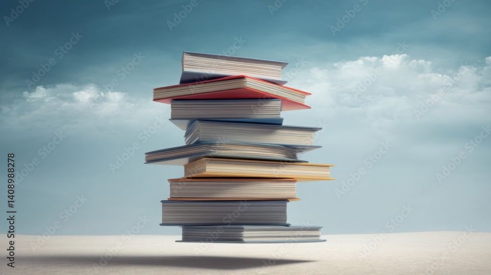 Poster majestic stack of books resting under a soft sky symbolizing the concept of knowledge and intellectu