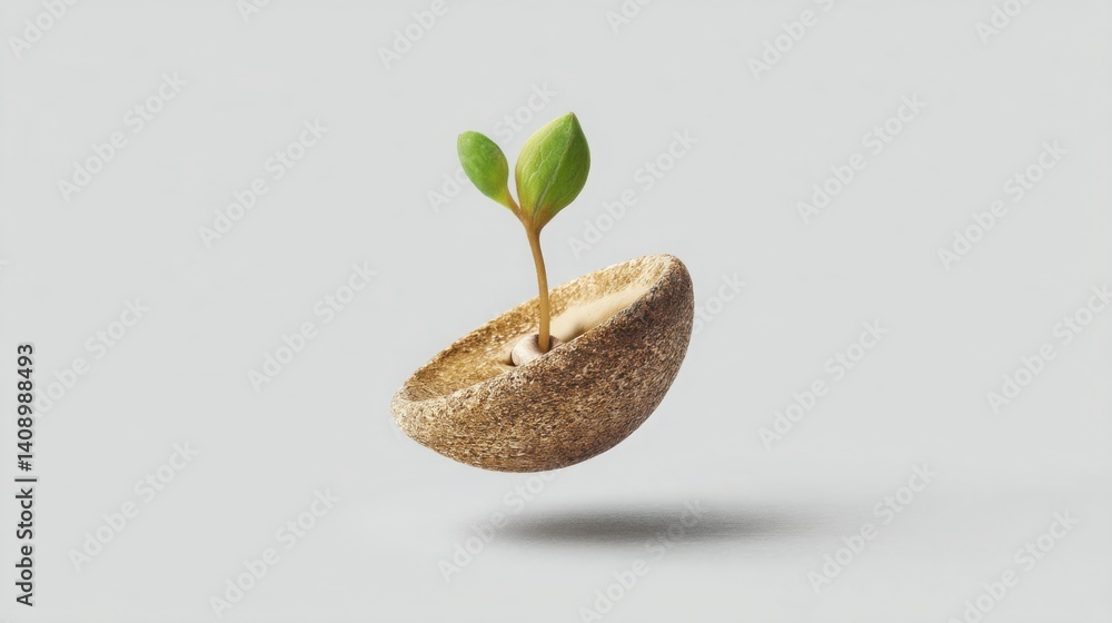 Poster a small plant emerging from a piece of bread representing growth and development in a unique and cre