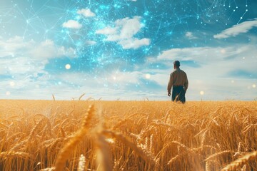 Analyzing agricultural data through futuristic interface over a golden wheat field at sunset, Analyzing agricultural data, futuristic interface over farmer in wheat field