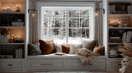Window seat pillows, blanket, treats, built-in bookcases, winter view