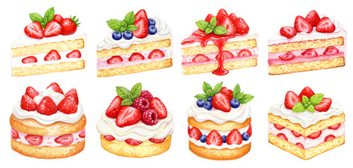 苺とブルーベリーとラズベリーのショートケーキの水彩風イラストセット ホイップ生クリームのスイーツ