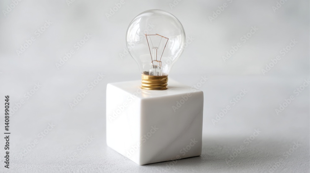 Poster a single light bulb resting on a simple white cube representing the spark of creativity and innovati