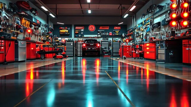 Ultimate Car Garage: A Red and Black Haven for Auto Enthusiasts
