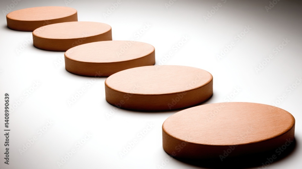 Poster a row of wooden discs forming a pathway towards a soft tower representing growth and connection in a